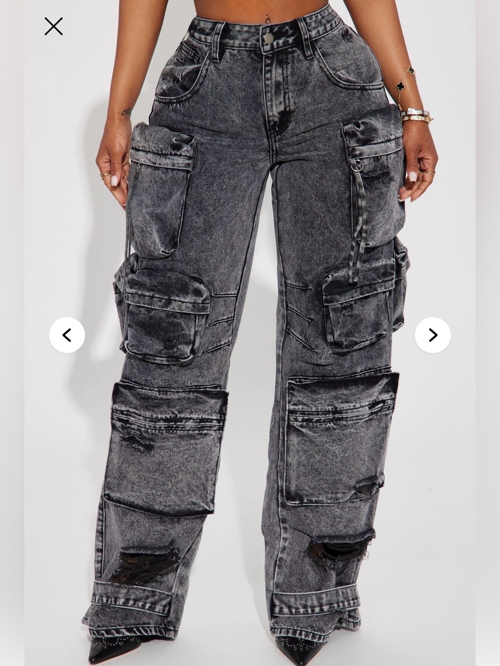 Millie Non Stretch Ripped Cargo Jeans in Acid Wash Black from Fashion Nova